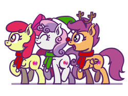 Size: 1800x1350 | Tagged: safe, artist:flutterluv, apple bloom, scootaloo, sweetie belle, earth pony, pegasus, pony, unicorn, adorabloom, antlers, apple bloom's bow, bow, christmas, clothes, cute, cutealoo, cutie mark crusaders, diasweetes, female, filly, foal, hair bow, hat, holiday, red nose, santa hat, scarf, simple background, the cmc's cutie marks, transparent background, trio