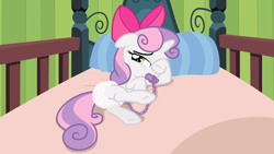 Size: 5747x3249 | Tagged: safe, alternate version, artist:sollace, derpibooru exclusive, sweetie belle, pony, unicorn, g4, somepony to watch over me, .svg available, accessory swap, apple bloom's bed, apple bloom's bow, bed, bow, butt, chains, cute, diaper, diaper butt, diaper fetish, diasweetes, female, fetish, hair bow, hoof over eye, looking at you, lying down, lying on bed, nervous, non-baby in diaper, on bed, pacifier, plot, raised hoof, show accurate, sleepy, solo, vector, wiping, wiping eye