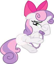 Size: 2593x3102 | Tagged: safe, alternate version, artist:sollace, derpibooru exclusive, sweetie belle, pony, unicorn, g4, somepony to watch over me, .svg available, accessory swap, apple bloom's bow, bed, bow, butt, chains, cute, diaper, diaper butt, diaper fetish, diasweetes, female, fetish, hair bow, high res, hoof over eye, looking at you, lying down, lying on bed, nervous, non-baby in diaper, on bed, pacifier, plot, raised hoof, scrunchy face, show accurate, simple background, sleepy, solo, transparent background, vector, wiping, wiping eye