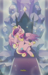 Size: 1937x3000 | Tagged: safe, artist:pierogarts, princess cadance, alicorn, pony, the crystal empire 10th anniversary, g4, crossed legs, female, jewelry, looking at you, mare, regalia, sitting, solo, talking to viewer, throne