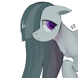 Size: 1280x1280 | Tagged: safe, artist:metaruscarlet, marble pie, earth pony, pony, g4, female, floppy ears, looking back, mare, shy, simple background, solo, white background