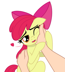 Size: 985x1085 | Tagged: safe, artist:lockerobster, edit, apple bloom, earth pony, human, pony, g4, adorabloom, cute, female, filly, floating heart, foal, hand, heart, human on pony petting, looking at you, offscreen character, offscreen human, one eye closed, open mouth, open smile, petting, show accurate, simple background, smiling, white background