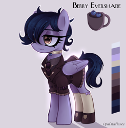 Size: 2800x2840 | Tagged: safe, artist:opal_radiance, oc, oc only, oc:berry evershade, pegasus, pony, adoptable, blueberry, eyebrows, female, folded wings, food, frown, high res, lidded eyes, mare, pegasus oc, shadow, signature, simple background, solo, white background, wings