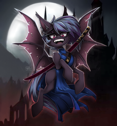 Size: 1547x1666 | Tagged: safe, artist:embryb1995, oc, bat pony, pony, clothes, dress, female, mare, solo, sword, weapon