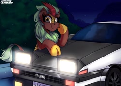 Size: 2250x1600 | Tagged: safe, artist:shadowreindeer, cinder glow, summer flare, kirin, g4, car, cloven hooves, looking at you, night, solo, toyota, toyota sprinter trueno [ae86], trueno