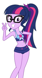 Size: 3111x5768 | Tagged: safe, artist:keronianniroro, edit, edited screencap, screencap, vector edit, sci-twi, twilight sparkle, human, equestria girls, equestria girls series, forgotten friendship, adorasexy, adorkable, bare shoulders, belly button, bikini, clothes, cute, dork, female, front knot midriff, glasses, grin, looking at you, midriff, peace sign, ponytail, sci-twi swimsuit, sexy, simple background, sleeveless, smiling, solo, swimsuit, transparent background, twiabetes, vector