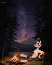 Size: 4116x5093 | Tagged: safe, artist:uliovka, oc, oc only, oc:nyn indigo, oc:ospreay, griffon, hybrid, original species, timber pony, timber wolf, campfire, eared griffon, forest, grass, night, scenery, sitting, smiling, stars