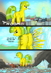 Size: 2386x3376 | Tagged: safe, artist:qkersnll, oc, oc only, oc:lemon drop, earth pony, pony, butt, butt bump, car, city, comic, commissioner:lemondrop, crushing, destruction, dialogue, dock, female, high res, macro, onomatopoeia, plot, skyscraper, solo, tail