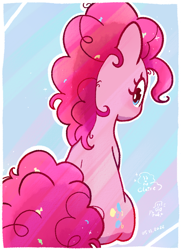 Size: 584x807 | Tagged: safe, artist:fipoki, pinkie pie, earth pony, pony, g4, aside glance, confetti in mane, female, looking at you, looking back, looking back at you, mare, outline, rear view, sitting, solo, sparkling mane, white outline