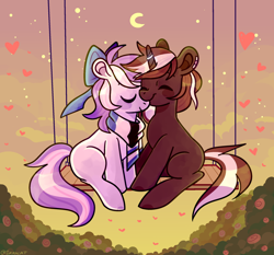 Size: 2212x2064 | Tagged: safe, artist:1racat, oc, earth pony, pony, unicorn, bow, clothes, commission, couple, duo, duo male and female, eyes closed, female, flower, high res, in love, male, moon, oc x oc, rose, scarf, shipping, straight, swing, ych result