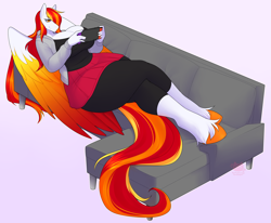 Size: 4555x3755 | Tagged: safe, artist:kerothestrange, oc, oc only, oc:diamond sun, pegasus, anthro, unguligrade anthro, big breasts, breasts, cleavage, clothes, colored wings, commission, couch, curvy, female, gradient background, hoodie, impossibly large thighs, impossibly wide hips, leggings, long hair, long mane, long tail, mare, multicolored wings, nintendo switch, shirt, skirt, solo, tail, thighs, thunder thighs, unshorn fetlocks, wide hips, wings