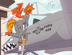 Size: 3700x2800 | Tagged: safe, artist:chapaevv, oc, oc:blaze fury, pegasus, anthro, clothes, glasses, high res, looking at you, male, patreon, patreon reward, pilot, plane, sky, solo, uniform
