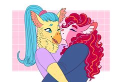 Size: 1280x847 | Tagged: safe, artist:s0ftserve, pinkie pie, princess skystar, classical hippogriff, hippogriff, anthro, g4, clothes, duo, female, kissing, lesbian, ship:skypie, shipping, shirt