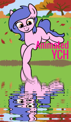 Size: 600x1035 | Tagged: safe, artist:lannielona, oc, oc only, pony, advertisement, animated, autumn, commission, gif, leaves, reflection, river, solo, tree, water, your character here