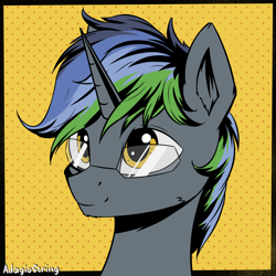 Size: 2000x2000 | Tagged: safe, artist:adagiostring, oc, oc only, pony, unicorn, bust, colored, commission, flat colors, glasses, high res, horn, male, portrait, simple background, solo, stallion, unicorn oc