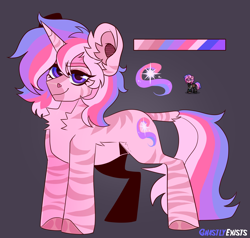 Size: 1894x1800 | Tagged: safe, artist:ghastlyexists, oc, oc only, oc:wisteria radiance, hybrid, pony, unicorn, zebra, zony, ashes town, fallout equestria, chest fluff, cutie mark, ear fluff, eyebrows, eyelashes, female, long tail, looking at you, mare, reference sheet, short mane, signature, simple background, smiling, smiling at you, solo, standing, stripes, tail, unshorn fetlocks, watermark, zonicorn