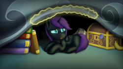 Size: 4000x2250 | Tagged: safe, artist:enteryourponyname, oc, oc:nyx, alicorn, pony, fanfic:glimpses, fanfic:past sins, banana, blanket, book, chest, fanfic art, female, filly, foal, food, hiding, implied princess celestia, implied princess luna, lying down, magic, note, offscreen character, prone, scared, scroll, solo, sticky note, telekinesis, trolluna