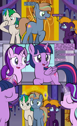 Size: 1920x3168 | Tagged: safe, artist:alexdti, starlight glimmer, twilight sparkle, oc, oc:brainstorm (alexdti), oc:purple creativity, oc:star logic, alicorn, pegasus, pony, unicorn, comic:quest for friendship, g4, comic, crying, dialogue, eye contact, eyes closed, female, folded wings, glasses, glowing, glowing horn, high res, horn, looking at each other, looking at someone, male, mare, narrowed eyes, one eye closed, open mouth, open smile, pegasus oc, raised hoof, smiling, speech bubble, stallion, twilight sparkle (alicorn), two toned mane, unicorn oc, wings, wiping tears
