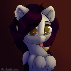Size: 2048x2048 | Tagged: safe, artist:darbedarmoc, oc, oc only, oc:locus, pony, sphinx, :p, ear piercing, high res, looking at you, male, paws, piercing, scrunchie, smiling, solo, tongue out