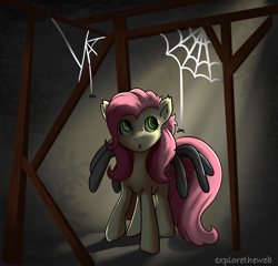 Size: 1566x1502 | Tagged: safe, artist:exploretheweb, fluttershy, pegasus, pony, spider, g4, cautious, cave, female, looking sideways, looking up, open mouth, raised hoof, solo, spider web, standing, underground