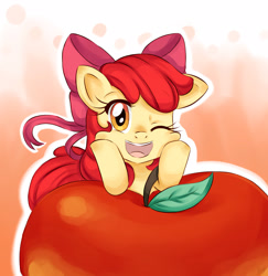 Size: 2800x2880 | Tagged: safe, artist:lucy-tan, apple bloom, earth pony, pony, g4, adorabloom, apple, cute, female, filly, foal, food, giant apple, happy, high res, hooves on cheeks, looking at you, one eye closed, open mouth, solo