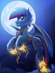 Size: 1900x2500 | Tagged: safe, artist:starcasteclipse, part of a set, oc, oc only, oc:azure star (fauli1221), bat pony, pony, commission, flying, glowing, glowing hooves, harness, jingle bells, male, moon, night, smiling, solo, stallion, tack, ych result