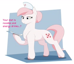 Size: 3603x3102 | Tagged: safe, artist:renderpoint, nurse redheart, earth pony, pony, g4, chest fluff, clipboard, dialogue, ear fluff, eyebrows, female, frown, hat, high res, leg fluff, mare, nurse hat, raised eyebrow, slender, solo, sternocleidomastoid, thin