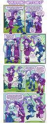 Size: 767x1914 | Tagged: safe, artist:art-2u, starlight glimmer, trixie, human, equestria girls, g4, accessory swap, barrette, boots, cape, clothes, comic, dress, duo, exhausted, fall formal outfits, hat, high heel boots, jump rope, jumping, matching outfits, shoes, the great and powerful, trixie's cape, trixie's hat