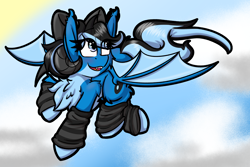 Size: 3000x2000 | Tagged: safe, artist:aryn, oc, oc only, oc:starcast, bat pony, pony, clothes, cloud, flying, high res, horns, leg warmers, solo