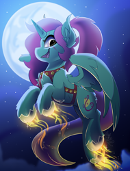 Size: 1900x2500 | Tagged: safe, artist:starcasteclipse, part of a set, oc, oc only, alicorn, pony, commission, female, flying, glowing, glowing hooves, harness, jingle bells, mare, moon, night, smiling, solo, tack, ych result