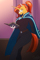 Size: 933x1400 | Tagged: safe, artist:sunny way, sunburst, unicorn, anthro, g4, book, clothes, female, glasses, horn, mare, patreon, patreon reward, pinup, ponytail, reading, robe, rule 63, solo, stars, sunstone
