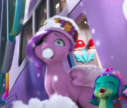 Size: 312x267 | Tagged: safe, screencap, pipp petals, sparky sparkeroni, dragon, pegasus, pony, g5, my little pony: make your mark, my little pony: make your mark chapter 3, winter wishday, spoiler:g5, spoiler:winter wishday, baby, baby dragon, cropped, duo, duo male and female, faic, female, hat, joy, male, mare, open mouth, open smile, pipp petals is best facemaker, smiling, snow, wat, winter hat