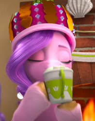 Size: 331x422 | Tagged: safe, screencap, pipp petals, pegasus, pony, g5, my little pony: make your mark, my little pony: make your mark chapter 3, winter wishday, spoiler:g5, spoiler:winter wishday, cropped, cup, eyes closed, female, mare, mug