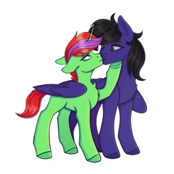 Size: 670x670 | Tagged: safe, artist:tanatos, oc, oc:book binder, oc:night flash, pegasus, pony, unicorn, fanfic:the centurion project, duo, female, female oc, hooves, horn, hug, kiss on the lips, kissing, looking at each other, looking at someone, male, male oc, mare, pegasus oc, pony oc, romance, simple background, slender, stallion, tcp, thin, unicorn oc, unshorn fetlocks, white background, winghug, wings
