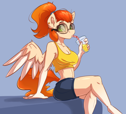Size: 3040x2744 | Tagged: safe, artist:witchtaunter, oc, oc only, oc:amity starfall, pegasus, anthro, art trade, clothes, crossed legs, drinking, ear fluff, female, high res, juice, lemonade, midriff, ponytail, shorts, simple background, solo, spread wings, straw, straw in mouth, sunglasses, tank top, wings