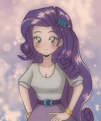 Size: 1000x1197 | Tagged: safe, artist:bananamilk_88, rarity, human, equestria girls, g4, 90s anime, anime, anime style, blushing, breasts, cleavage, looking at you, reasonably sized breasts, smiling, solo