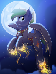 Size: 1900x2500 | Tagged: safe, artist:starcasteclipse, part of a set, oc, oc only, oc:lightflare, pegasus, pony, commission, flying, glowing, glowing hooves, harness, jingle bells, male, moon, night, smiling, solo, stallion, tack, ych result
