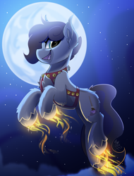 Size: 1900x2500 | Tagged: safe, artist:starcasteclipse, part of a set, oc, oc only, oc:cj vampire, earth pony, pony, ambiguous gender, commission, flying, glowing, glowing hooves, harness, jingle bells, moon, night, smiling, solo, tack, ych result
