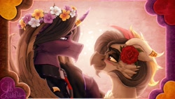 Size: 1920x1080 | Tagged: safe, artist:thatonegib, oc, oc only, alicorn, bat pony, bat pony alicorn, griffon, pony, bat wings, blushing, clothes, duo, female, floral head wreath, flower, flower in hair, griffon oc, horn, jacket, jewelry, leather, leather jacket, looking at each other, looking at someone, male, male and female, ring, smiling, stallion, this will end in kisses, wedding ring, wings