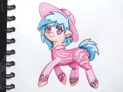 Size: 4080x3060 | Tagged: safe, oc, pony, pony town, art trade, blue mane, clothes, colored pencil drawing, fancy, female, hat, lidded eyes, marker drawing, solo, traditional art, trotting