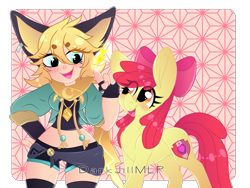 Size: 5329x4010 | Tagged: safe, artist:darkjillmlp123, apple bloom, earth pony, human, pony, g4, absurd resolution, beanbrows, clothes, crossover, duo, eye clipping through hair, eyebrows, fingerless gloves, gloves, human and pony, joy, mobile legends, shorts, wide hips
