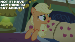 Size: 1280x720 | Tagged: safe, edit, edited screencap, editor:quoterific, screencap, applejack, earth pony, pony, 28 pranks later, g4, bed, female, mare, solo, text, text edit