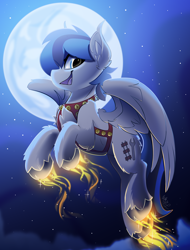 Size: 1900x2500 | Tagged: safe, artist:starcasteclipse, part of a set, oc, oc only, oc:kezzie, pegasus, pony, commission, female, flying, glowing, glowing hooves, harness, jingle bells, mare, moon, night, smiling, solo, tack, ych result