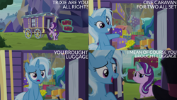 Size: 4400x2475 | Tagged: safe, edit, edited screencap, editor:quoterific, screencap, starlight glimmer, trixie, pony, unicorn, g4, road to friendship, female, glowing, glowing horn, gritted teeth, horn, luggage, magic, magic aura, mare, messy mane, open mouth, smiling, teeth, telekinesis, trixie's wagon, wagon