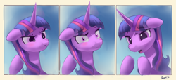 Size: 5355x2448 | Tagged: safe, artist:auroriia, twilight sparkle, alicorn, pony, g4, :c, blue background, blushing, expressions, eyebrows, eyebrows visible through hair, female, frown, high res, looking at you, mare, open mouth, pinpoint eyes, raised hooves, signature, simple background, solo, twilight sparkle (alicorn)