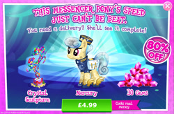 Size: 1964x1298 | Tagged: safe, gameloft, golden hooves (g4), crystal pony, pony, g4, my little pony: magic princess, advertisement, bag, clothes, costs real money, crystal, english, female, gem, hat, introduction card, mailbag, mailmare, mare, numbers, sale, shirt, shoes, solo, text