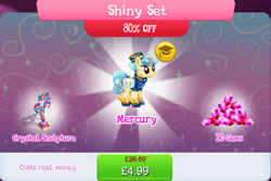 Size: 1270x850 | Tagged: safe, gameloft, golden hooves (g4), crystal pony, pony, g4, my little pony: magic princess, bag, bundle, clothes, costs real money, crystal, english, female, gem, hat, mailbag, mailmare, mare, numbers, sale, shiny set, shirt, shoes, solo, text