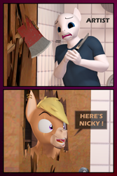 Size: 3080x4620 | Tagged: safe, artist:antonsfms, oc, oc:nickyequeen, donkey, anthro, 3d, axe, commissioner:nickyequeen, crazy face, faic, here's johnny, insanity, jack nicholson, joke, knife, male, meme, movie reference, scared, source filmmaker, the shining, weapon