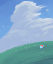 Size: 2094x2532 | Tagged: safe, artist:dusthiel, rainbow dash, pegasus, pony, g4, cloud, cute, eyes closed, female, grass, grass field, high res, lying down, mare, prone, sky, sleeping, solo, tiny