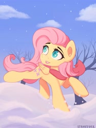Size: 3000x4000 | Tagged: safe, artist:stravy_vox, fluttershy, pegasus, pony, g4, action pose, clothes, colored pupils, cute, daaaaaaaaaaaw, ear fluff, female, folded wings, high res, looking away, mare, open mouth, open smile, outdoors, raised hoof, raised leg, scarf, shyabetes, smiling, snow, solo, tree, turned head, wings, winter, winter outfit